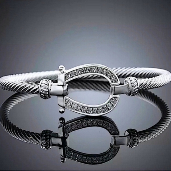 Designer Jewelry - Sterling Silver 925 Horsebit Twisted Cable Zircon Crystal Luxury Bracelet